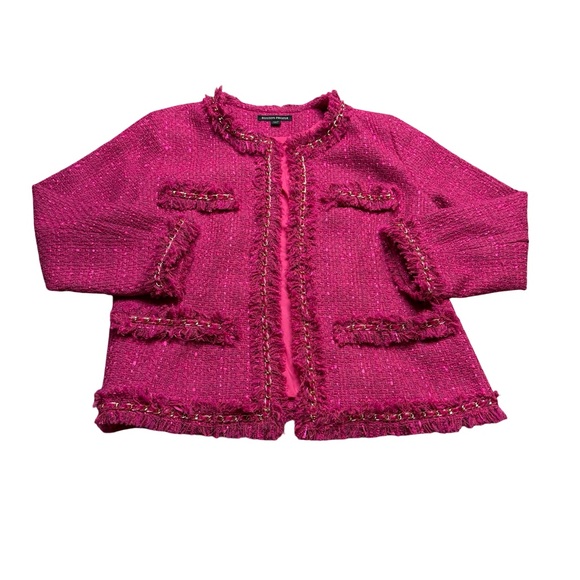✨💗 Boston Proper Vibrant Pink Tweed Blazer Fringe Chain Detail Size 16‎ 💗✨ - Picture 2 of 6